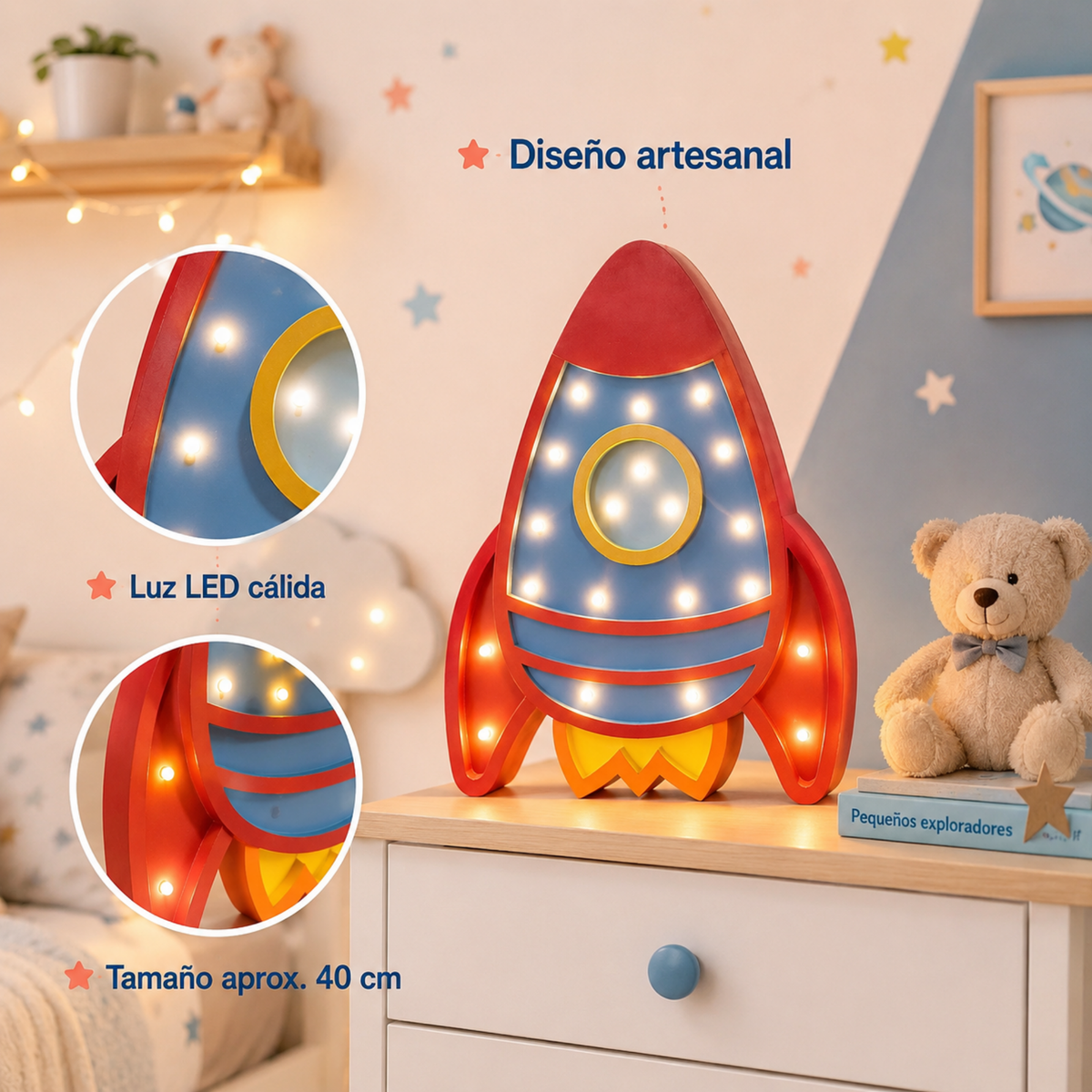 Lámpara De Noche Cohete Infantil Led Para Recámara En Mdf 40 Cm