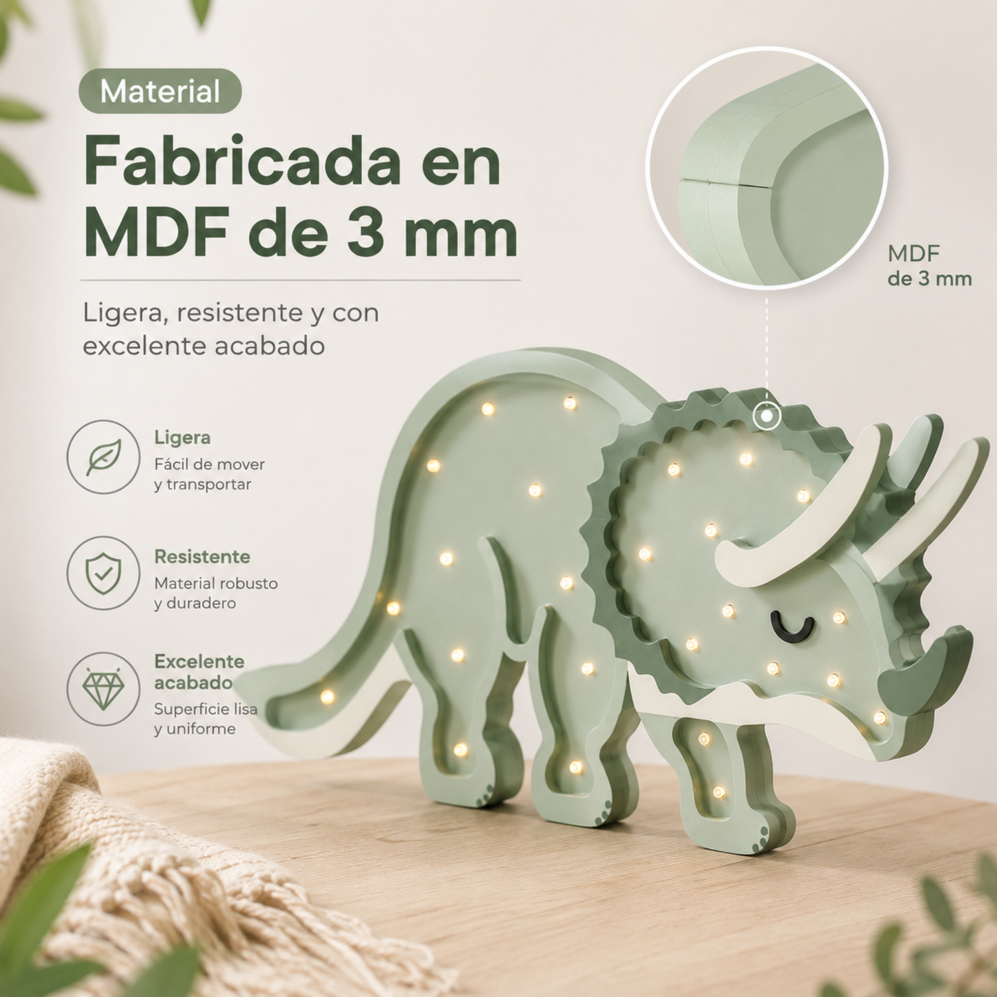 Lámpara De Noche Infantil Led Triceratops Para Recámara En Mdf 40 Cm