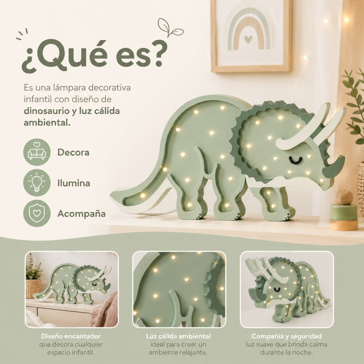 Lámpara De Noche Infantil Led Triceratops Para Recámara En Mdf 40 Cm