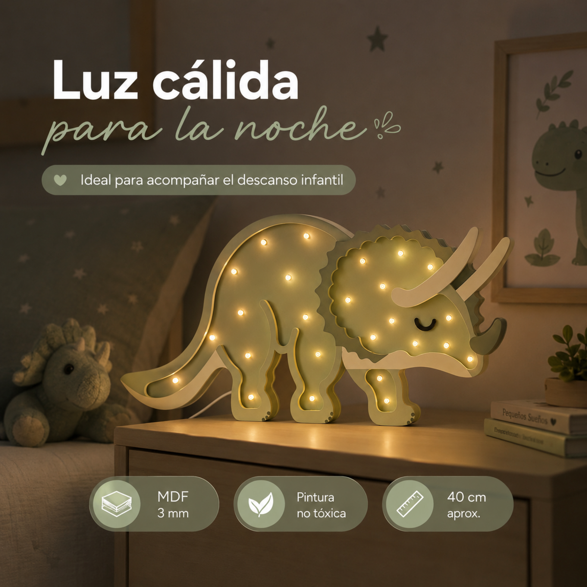 Lámpara De Noche Infantil Led Triceratops Para Recámara En Mdf 40 Cm