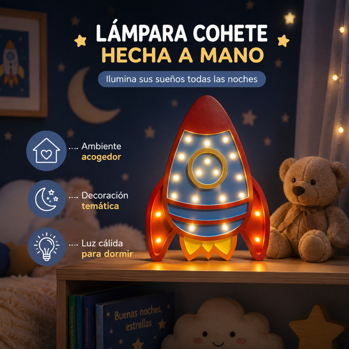 Lámpara De Noche Cohete Infantil Led Para Recámara En Mdf 40 Cm