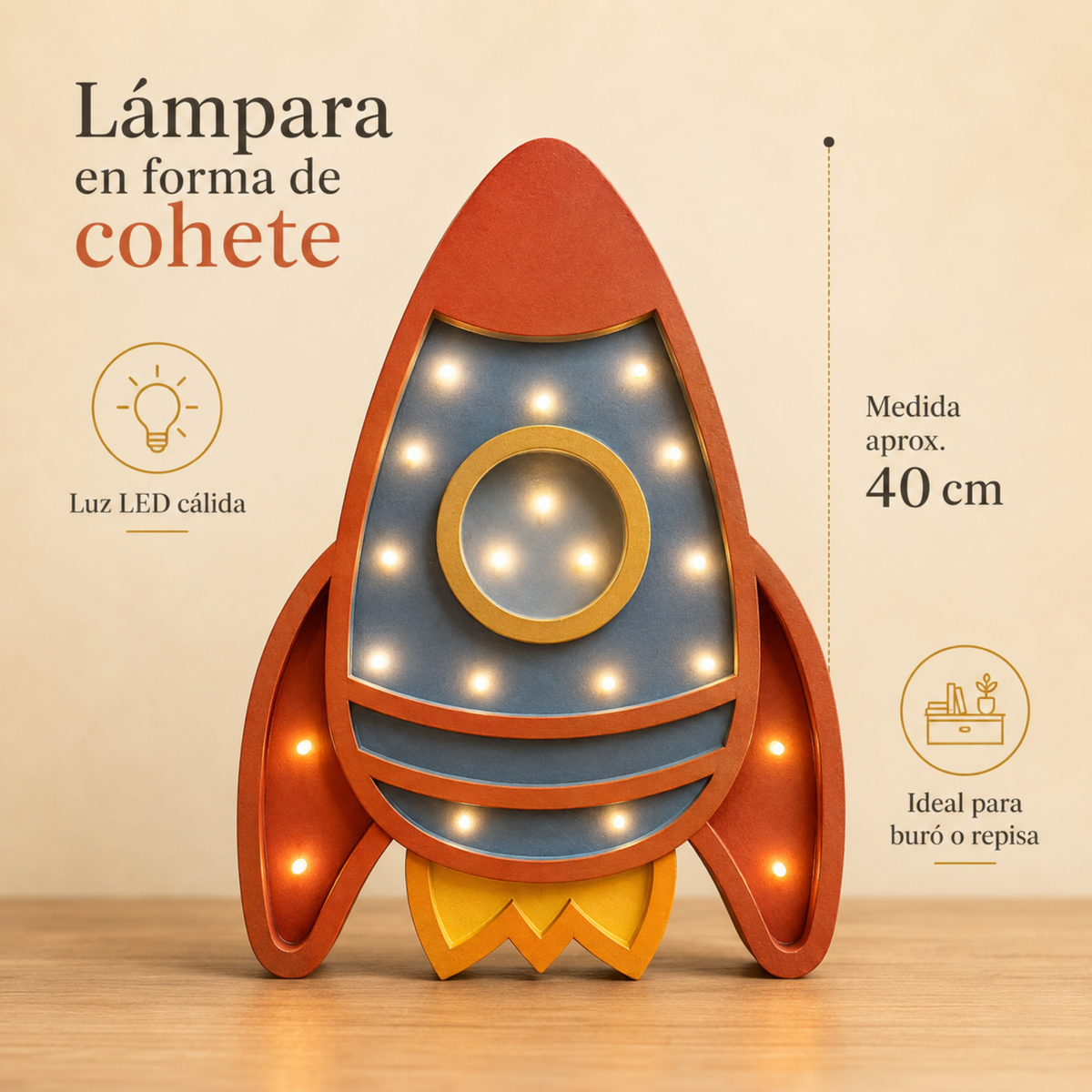 Lámpara De Noche Cohete Infantil Led Para Recámara En Mdf 40 Cm