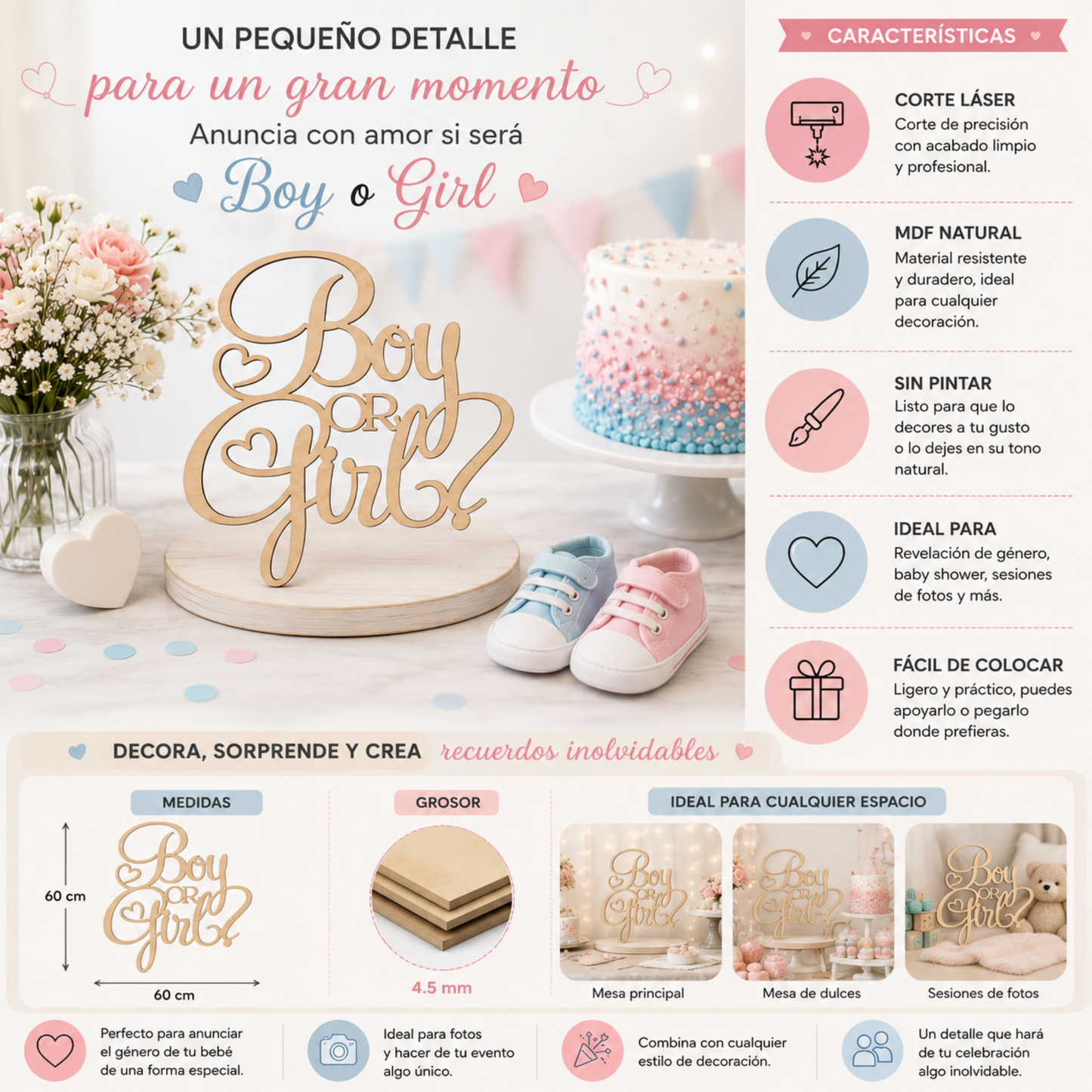 Letrero de decoración Revelación de Genero, Gender Reveal Baby shower Buatizo 60x60 cm