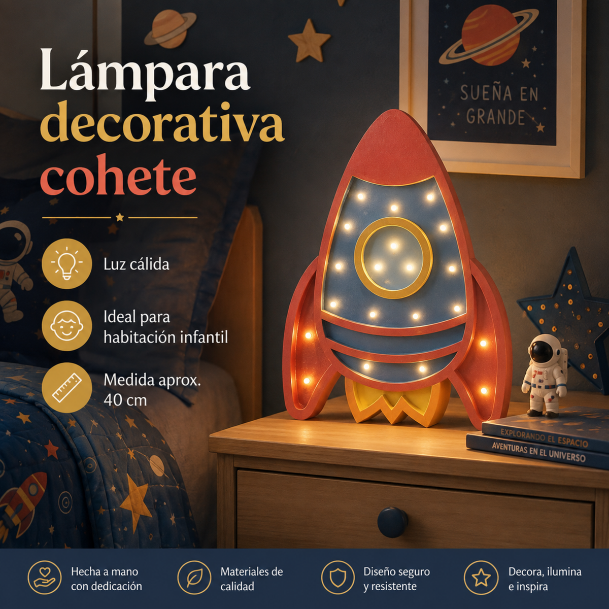 Lámpara De Noche Cohete Infantil Led Para Recámara En Mdf 40 Cm