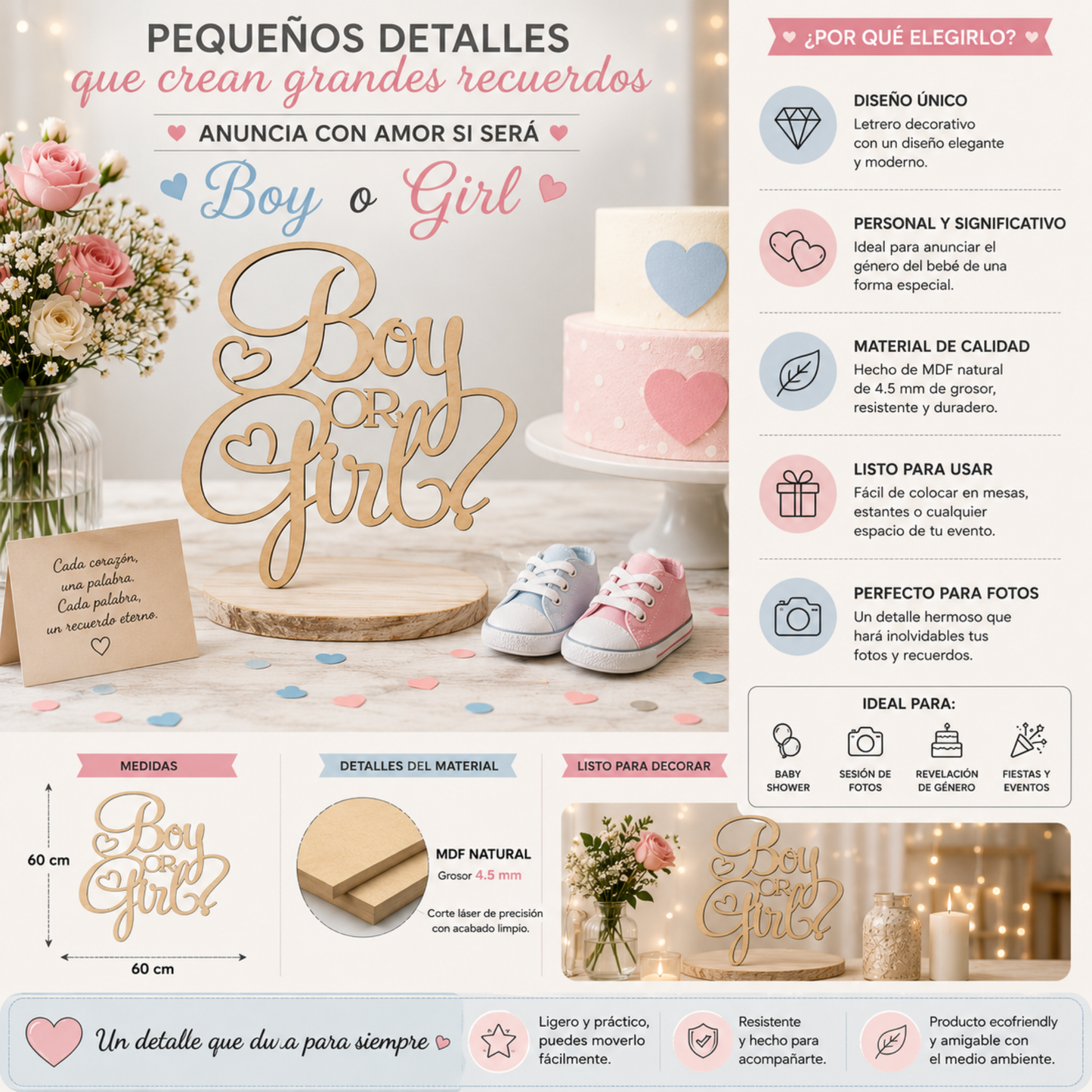 Letrero de decoración Revelación de Genero, Gender Reveal Baby shower Buatizo 60x60 cm
