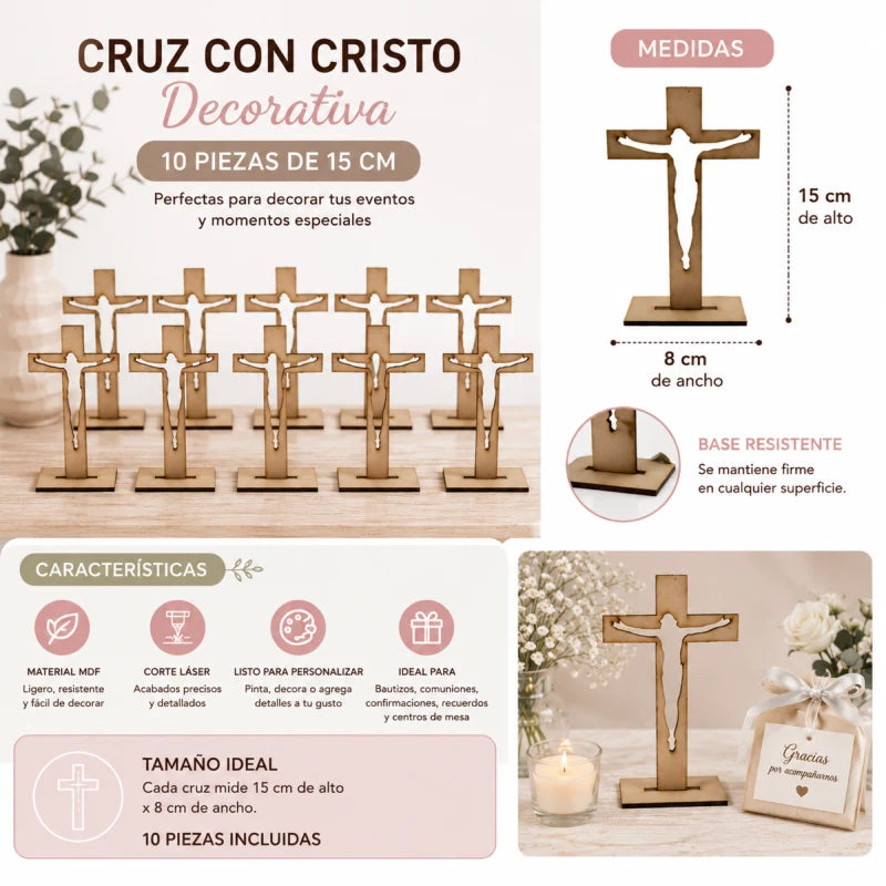 10pz Centros de Mesa  Recuerdos para Bautizo Primera Comunión XV años Cruz Cristo