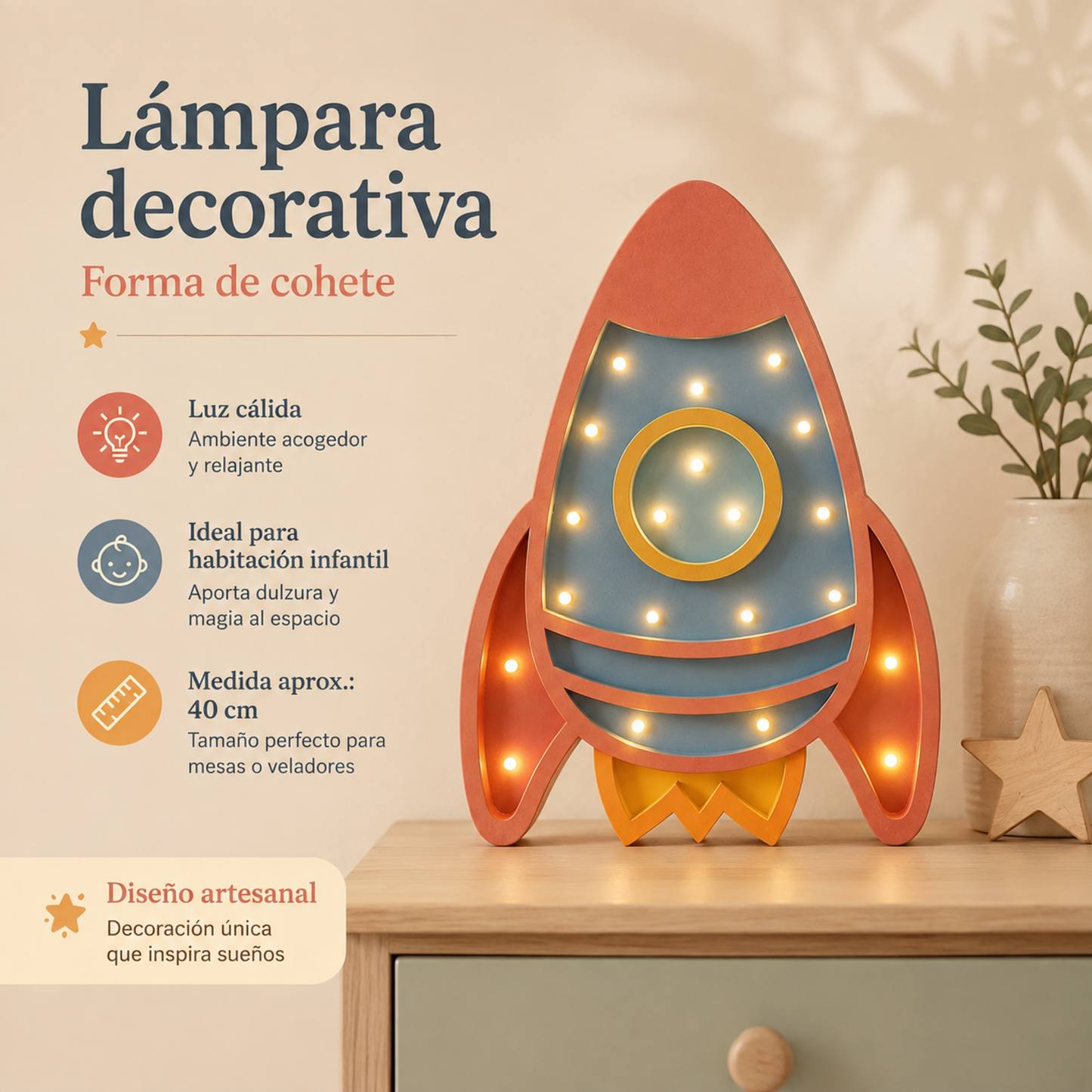 Lámpara De Noche Cohete Infantil Led Para Recámara En Mdf 40 Cm